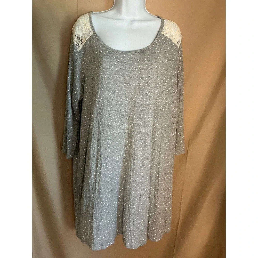 Rene Rofe Nightgown Womens XL Grey Polka Dot Good Lace Accent Sleep Shirt 518083